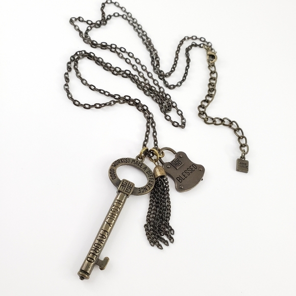 Good Works Jewelry - Good Works necklace antique brass - key + tassel + lock pendants layer necklace